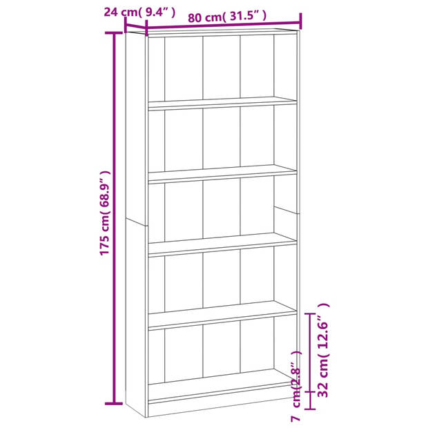 vidaXL Boekenkast 80x24x175 cm bewerkt hout bruin eikenkleur