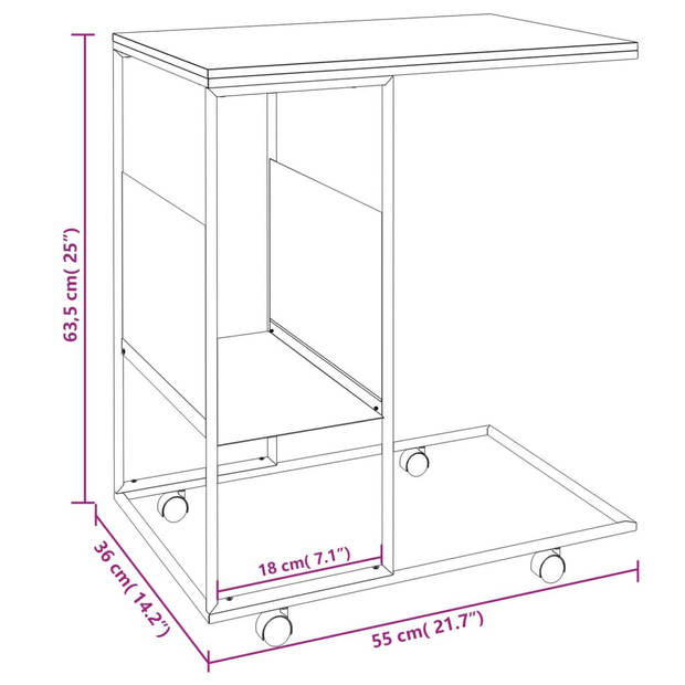 vidaXL Bijzettafel met wieltjes 55x36x63,5 cm bewerkt hout zwart