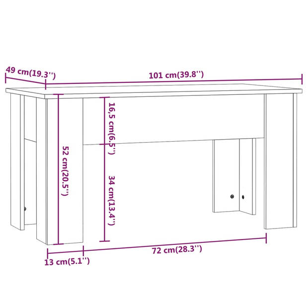 The Living Store Salontafel Lift-Top - Hoogglans wit - 101 x 49 x 52 cm - Multifunctioneel