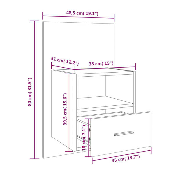 The Living Store Wandnachtkast - Bruineiken - 48.5 x 32.5 x 80 cm - Multifunctioneel en eenvoudig te reinigen - Montage