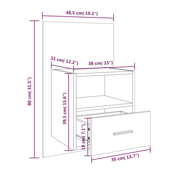 The Living Store Wandnachtkast - 48.5 x 32.5 x 80 cm - Grijs Sonoma Eiken - Multifunctioneel - Wandmontage - Bewerkt