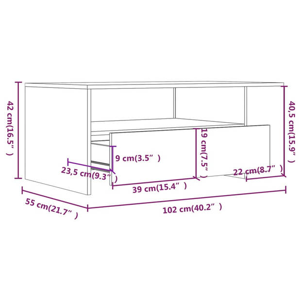 The Living Store Salontafel - Gerookt Eiken - 102 x 55 x 42 cm - Opbergruimte