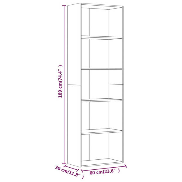 The Living Store Boekenkast - Gerookt eiken - 60 x 30 x 189 cm - Met 5 opbergvakken