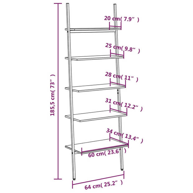 The Living Store Rek met 5 schappen - Boekenrek en opbergrek - Leunend ontwerp - Sterke stalen constructie - 64 x 34 x