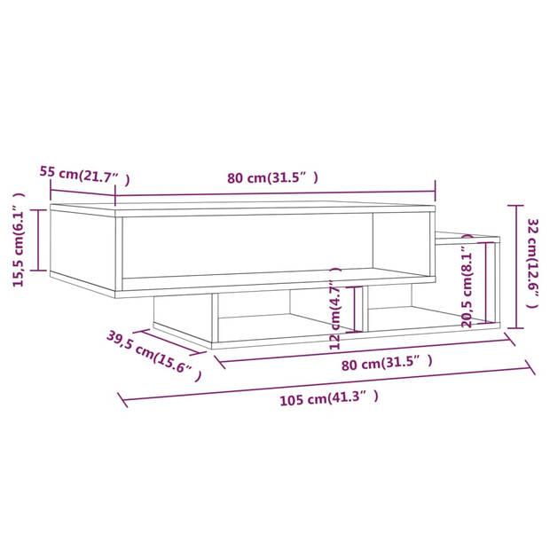 The Living Store Salontafel - - Bewerkt hout - 105 x 55 x 32 cm - Grijs sonoma eiken