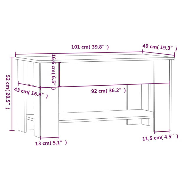 The Living Store Salontafel Lift-Top Bewerkt hout - 101 x 49 x 52 cm - Sonoma eiken