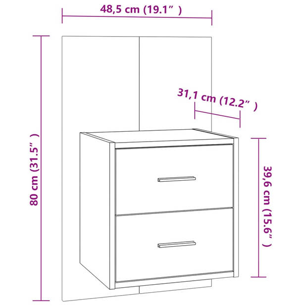 The Living Store Wandnachtkast - bewerkt hout - 48.5 x 32.5 x 80 cm - hoogglans wit