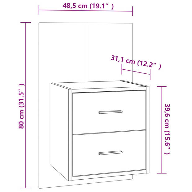 The Living Store Wandnachtkastje - Betongrijs - 48.5 x 32.5 x 80 cm - Wandmontage - Multifunctioneel - Met opberglade