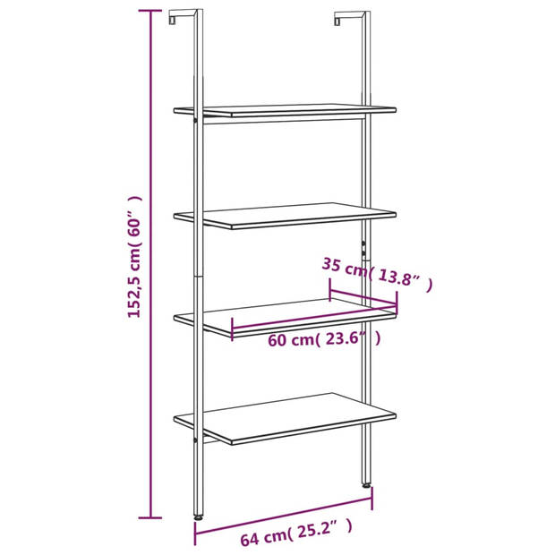 The Living Store Boekenrek - Leunend - 4 Schappen - 64x35x152.5cm - Zwart