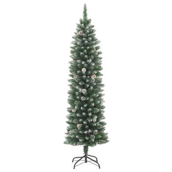 The Living Store Kerstboom Smal Groen/Wit 240cm - PVC/Staal - 550 uiteinden - Met dennenappels - Witte decoratiesneeuw