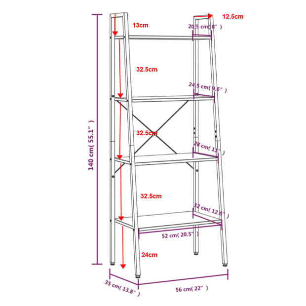 vidaXL Ladderrek met 4 schappen 56x35x140 cm lichtbruin en zwart