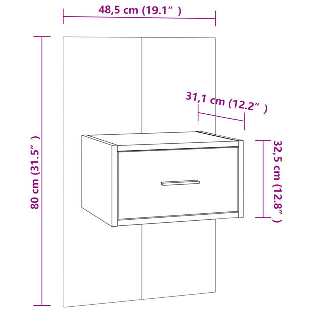 The Living Store Wandnachtkastje Zwart - 48.5 x 32.5 x 80 cm - Wandmontage Ontwerp - Multifunctioneel - Opberglade -