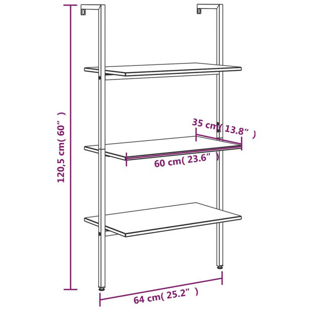 vidaXL Ladderrek met 3 schappen 64x35x120,5 cm lichtbruin en zwart