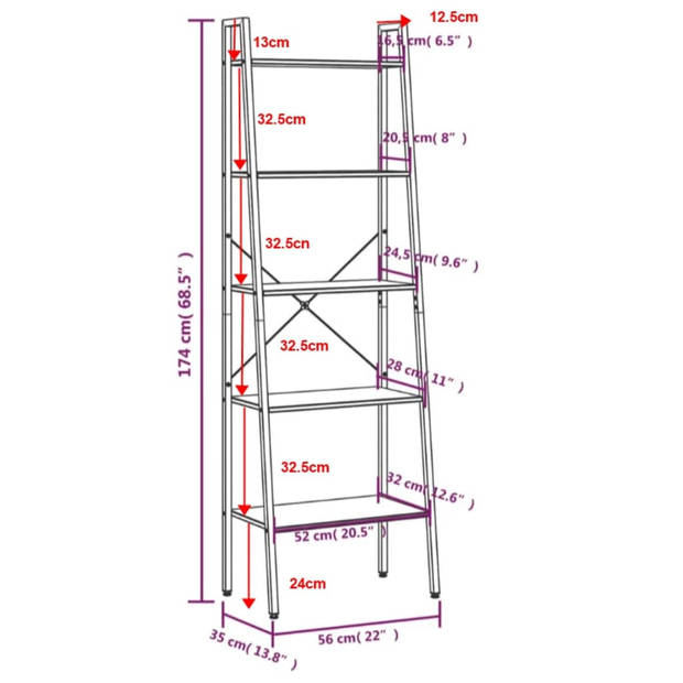 vidaXL Ladderrek met 5 schappen 56x35x174 cm donkerbruin en zwart