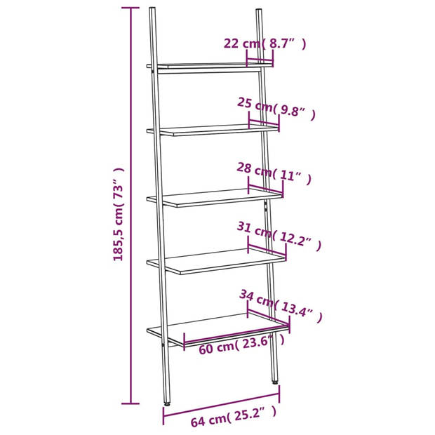 vidaXL Ladderrek met 5 schappen 64x34x185,5 cm lichtbruin en zwart