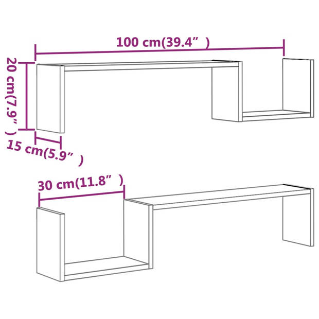 vidaXL Wandschappen 2 st 100x15x20 cm bewerkt hout gerookt eikenkleur