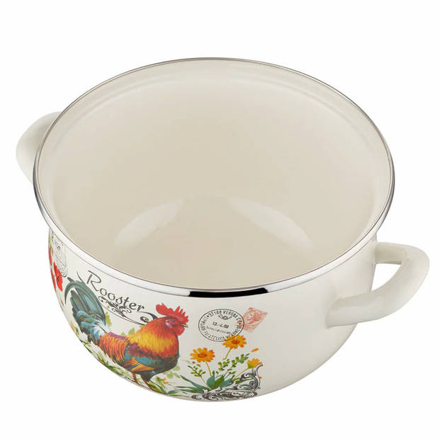 Emalia retro haan rooster geëmailleerde vintage kookpan 18 cm 3 Liter crème / rood