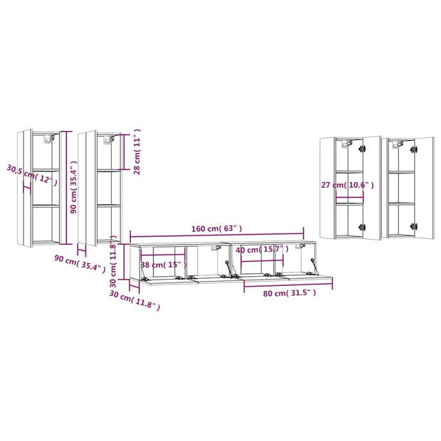 The Living Store TV-meubelset - hoogglanzend wit - 2x 80 x 30 x 30 cm en 4x 30.5 x 30 x 90 cm - bewerkt hout -