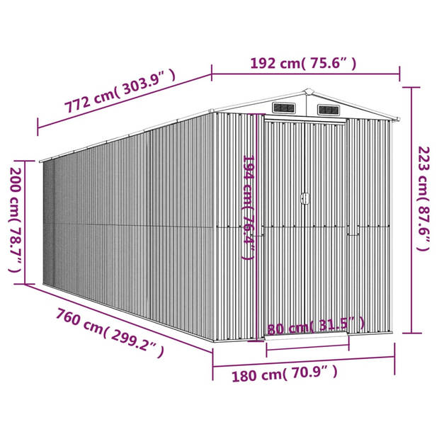 vidaXL Tuinschuur 192x772x223 cm gegalvaniseerd staal lichtgrijs