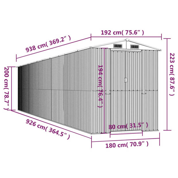 vidaXL Tuinschuur 192x938x223 cm gegalvaniseerd staal lichtgrijs