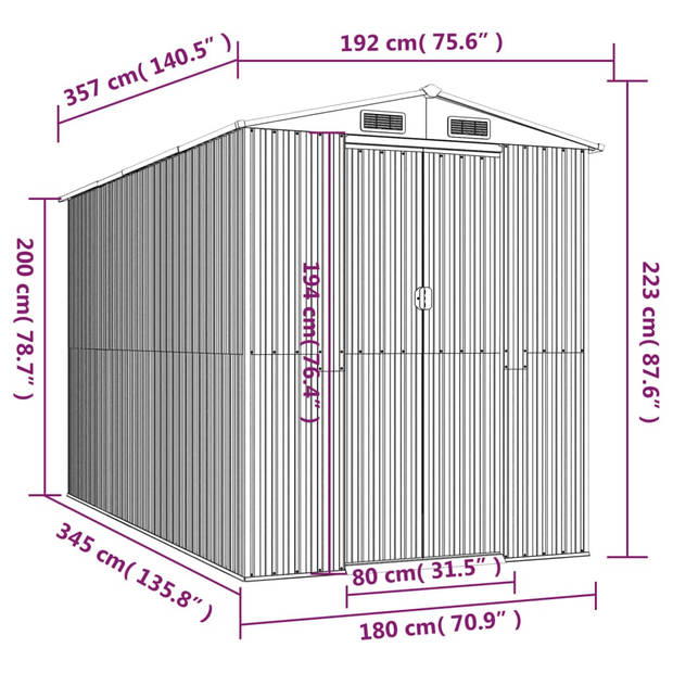 vidaXL Tuinschuur 192x357x223 cm gegalvaniseerd staal lichtgrijs