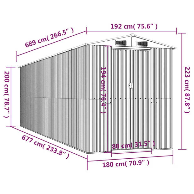 vidaXL Tuinschuur 192x689x223 cm gegalvaniseerd staal donkerbruin