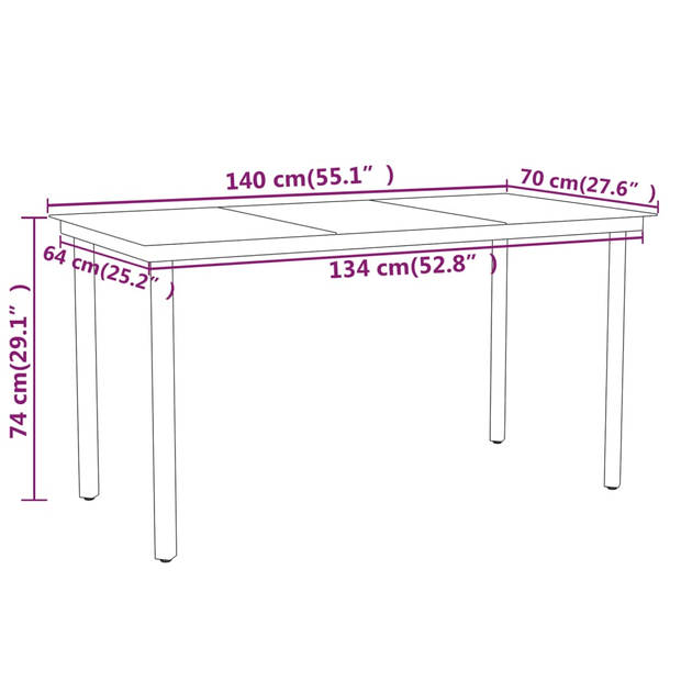 The Living Store Tuintafelset - Zwart - Gepoedercoat staal en glas - 140 x 70 x 74 cm - PE-rattan stoelen - Verstelbare