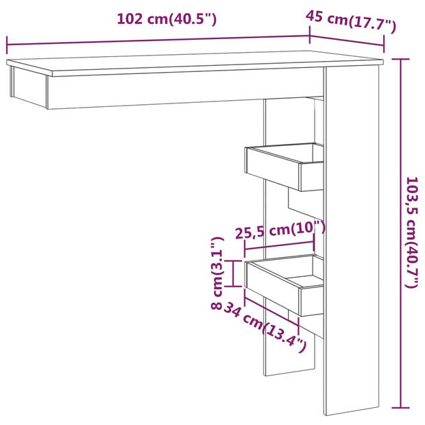 vidaXL Bartafel wandgemonteerd 102x45x103,5 cm bewerkt hout grijs