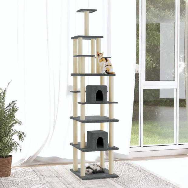 The Living Store Kattenboom - Donkergrijs - 48 x 60 x 216 cm - Met 2 huisjes - krabpalen en plateaus