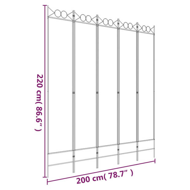 The Living Store Kamerscherm 5 Panelen - 200x220cm - Wit - Stof (100% polyester) en ijzer