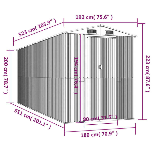 vidaXL Tuinschuur 192x523x223 cm gegalvaniseerd staal lichtgrijs