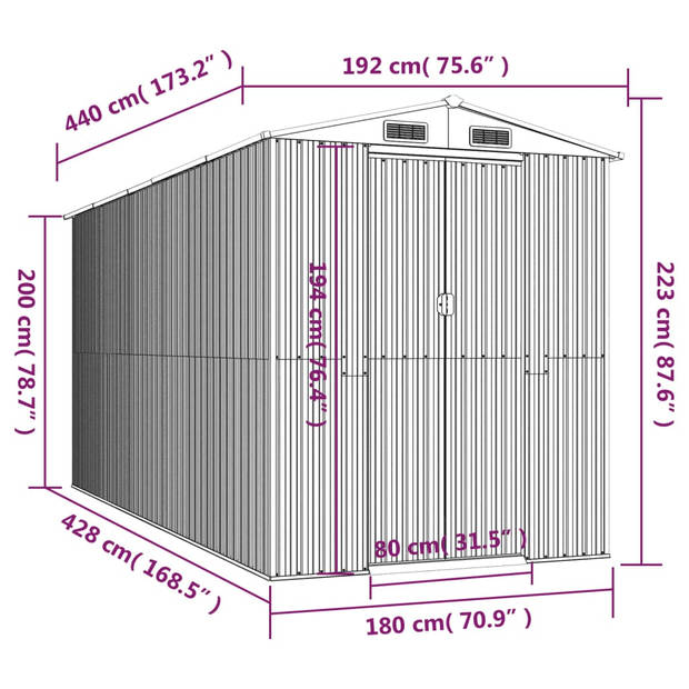 vidaXL Tuinschuur 192x440x223 cm gegalvaniseerd staal donkerbruin