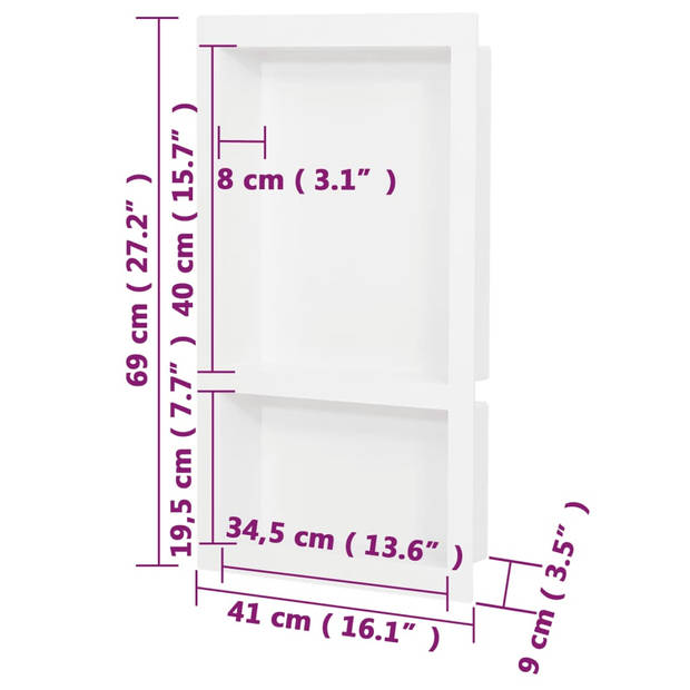 vidaXL Douchenis met 2 vakken 41x69x9 cm hoogglans wit