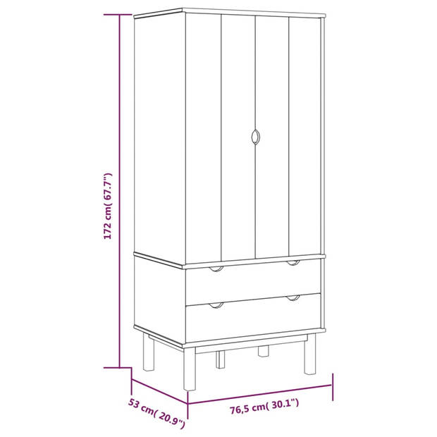 The Living Store Kledingkast OTTA - Massief grenenhout - 76.5 x 53 x 172 cm - 2 lades - 1 groot vak