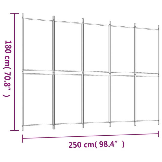 The Living Store Kamerscherm met 5 panelen 250x180 cm antracietkleurig - Kamerscherm