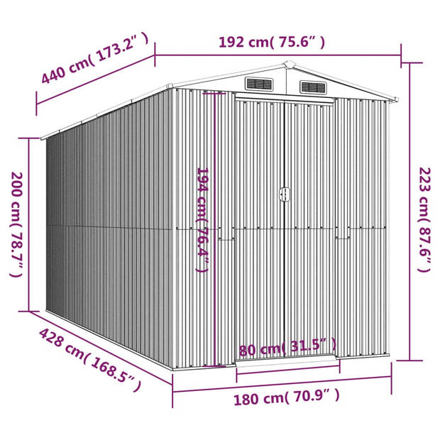 vidaXL Tuinschuur 192x440x223 cm gegalvaniseerd staal lichtgrijs