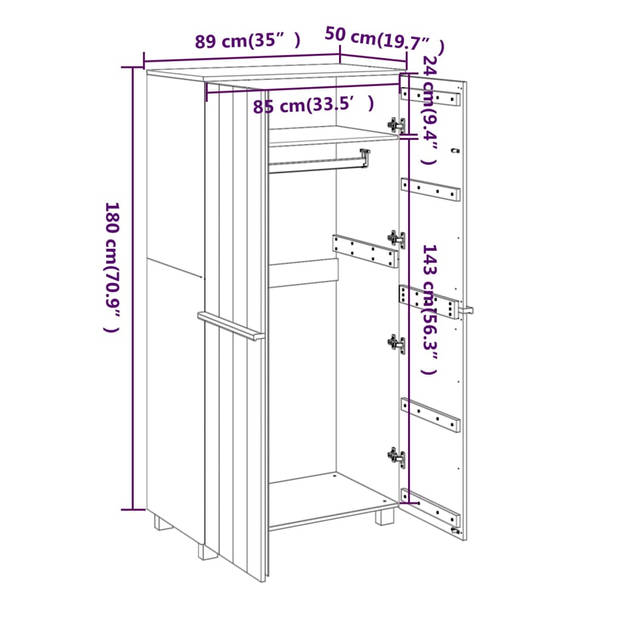 The Living Store HAMAR Garderobe - Massief grenenhout - 89 x 50 x 180 cm - Donkergrijs