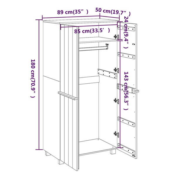 The Living Store HAMAR Garderobe - 89 x 50 x 180 cm - wit - Massief grenenhout en MDF