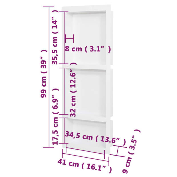 vidaXL Douchenis met 3 vakken 41x99x9 cm matwit