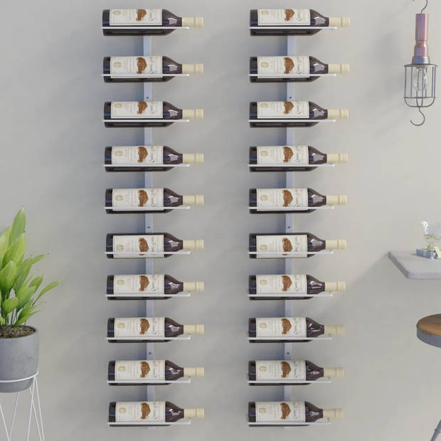 The Living Store Wijnrek - Wandgemonteerd - Metaal - 24 x 9 x 120 cm - Wit - Voor 10 flessen