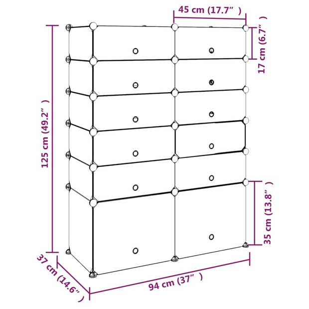 The Living Store Opbergrek - Schoenenkast - Groot - Zwart - 94 x 37 x 125 cm (L x B x H) - PP - Staal