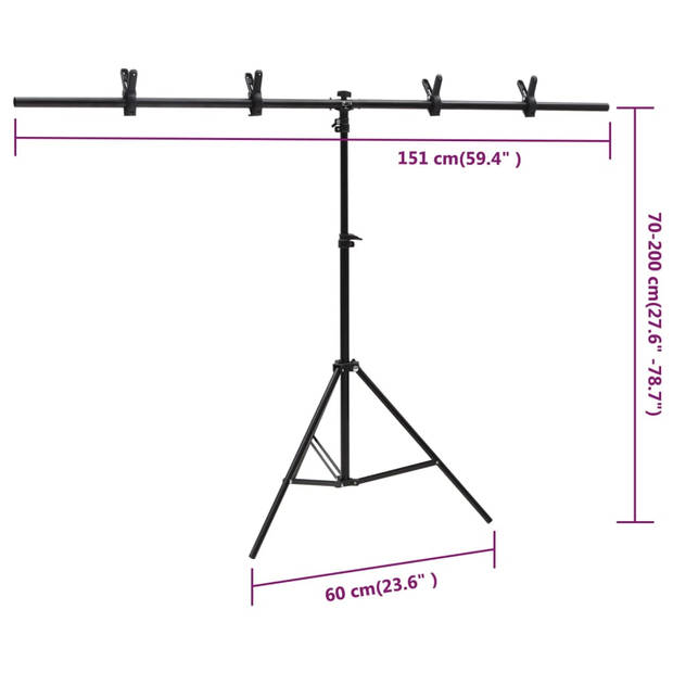 vidaXL Achtergrondstandaard T-vormig 151x60x(70-200) cm zwart