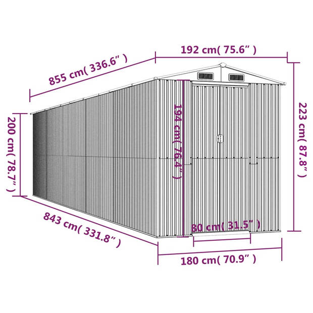 vidaXL Tuinschuur 192x855x223 cm gegalvaniseerd staal lichtgrijs