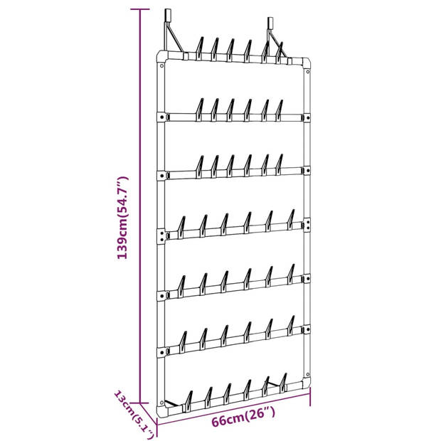 The Living Store Hangend Schoenenrek - 7 rijen - 66 x 13 x 139 cm - Aluminium - Ruimtebesparend