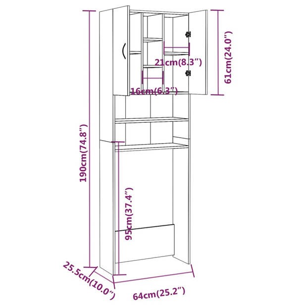 The Living Store Waskast Grijs Sonoma Eiken - 64x25.5x190 cm - Bewerkt hout