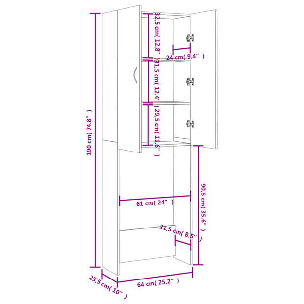 vidaXL Wasmachinekast 64x25,5x190 cm bruin eikenkleur