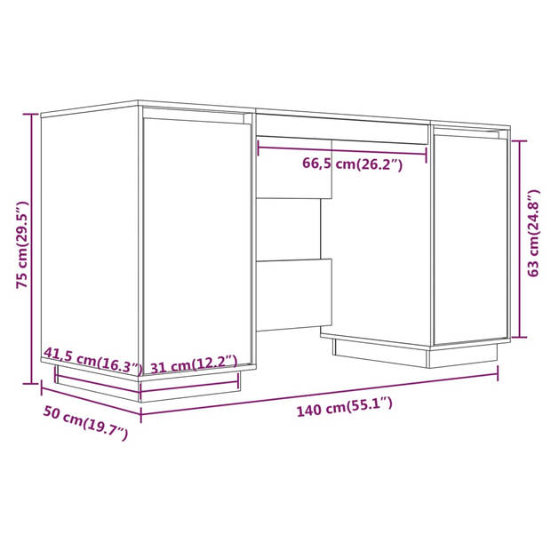 The Living Store Bureau Classic - Grenenhout - 140 x 50 x 75 cm - Zwart