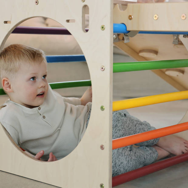 KateHaa Activiteiten Kubus met klimwand van hout in regenboogkleuren Indoor Klimrek voor kinderen