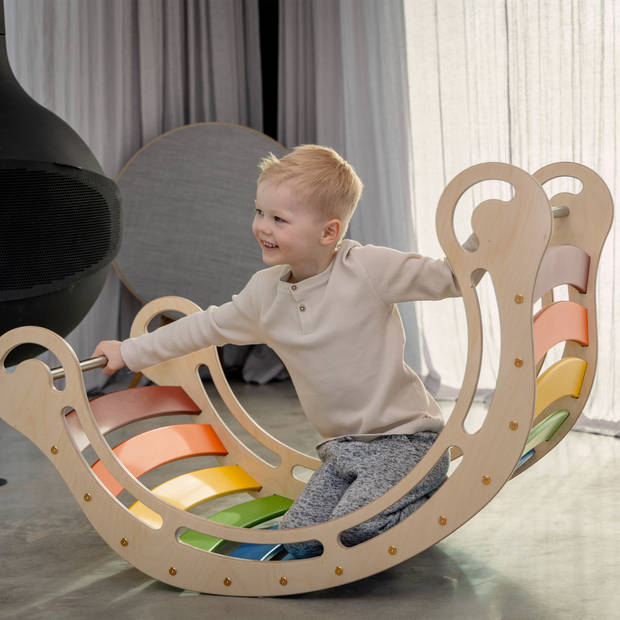 KateHaa XXL klimboog rocker van hout in regenboogkleuren Indoor Klimrek / Klimboog voor kinderen