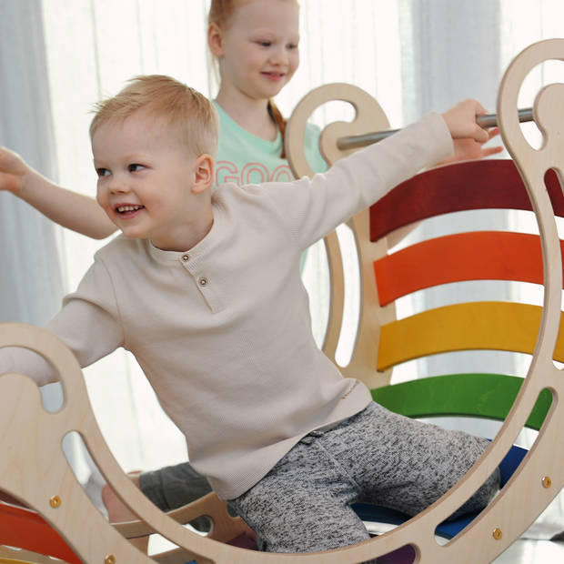 KateHaa XXL klimboog rocker van hout in regenboogkleuren Indoor Klimrek / Klimboog voor kinderen